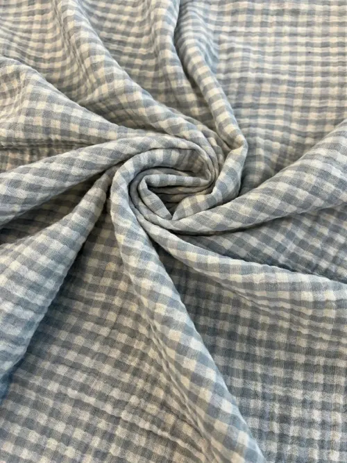 Yarn Dyed Check Plaid Double Gauze Fabric – Mist/Ivory